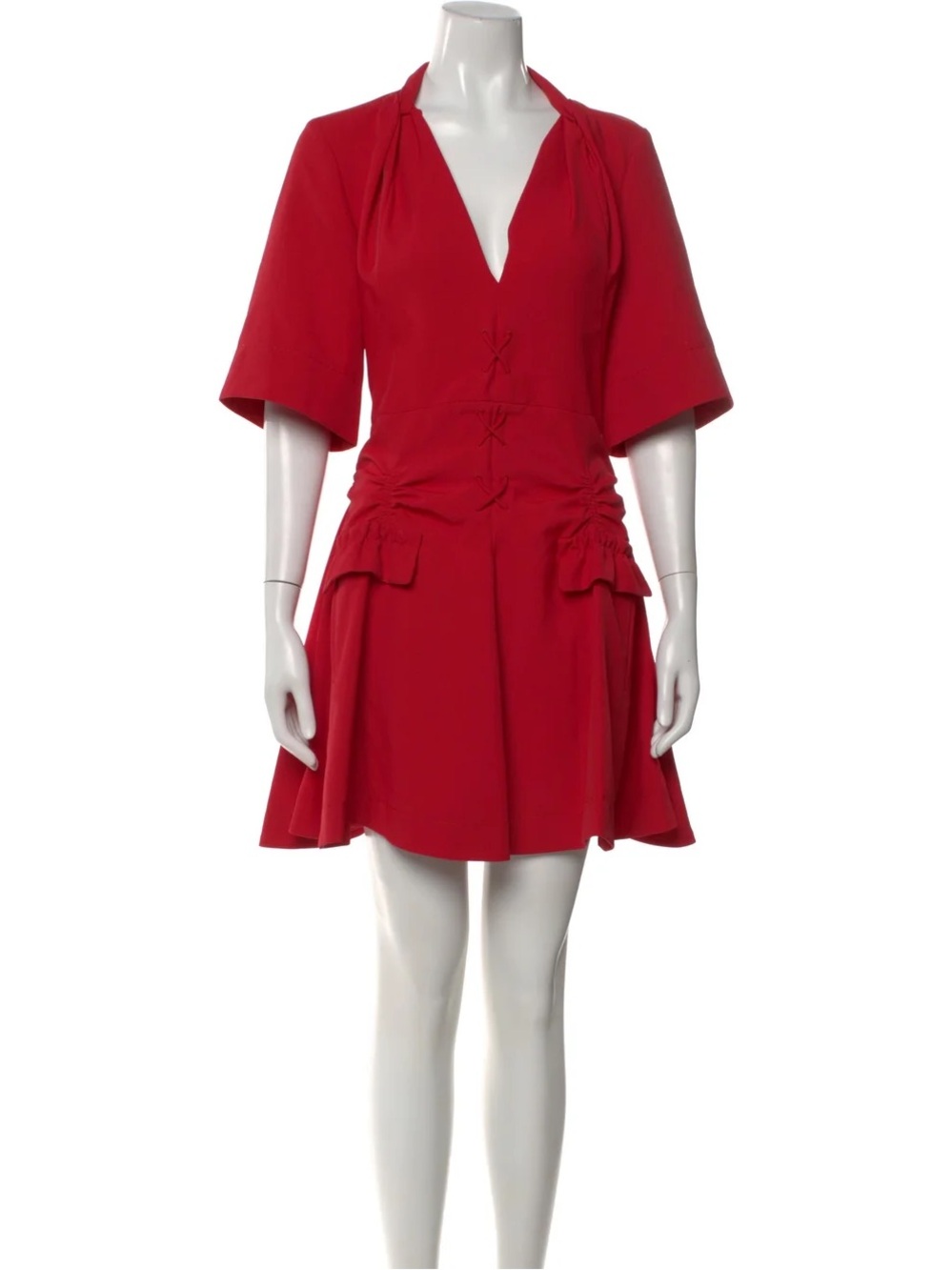 Carven Red V-Neck Short Sleeve A-Line Dress XS